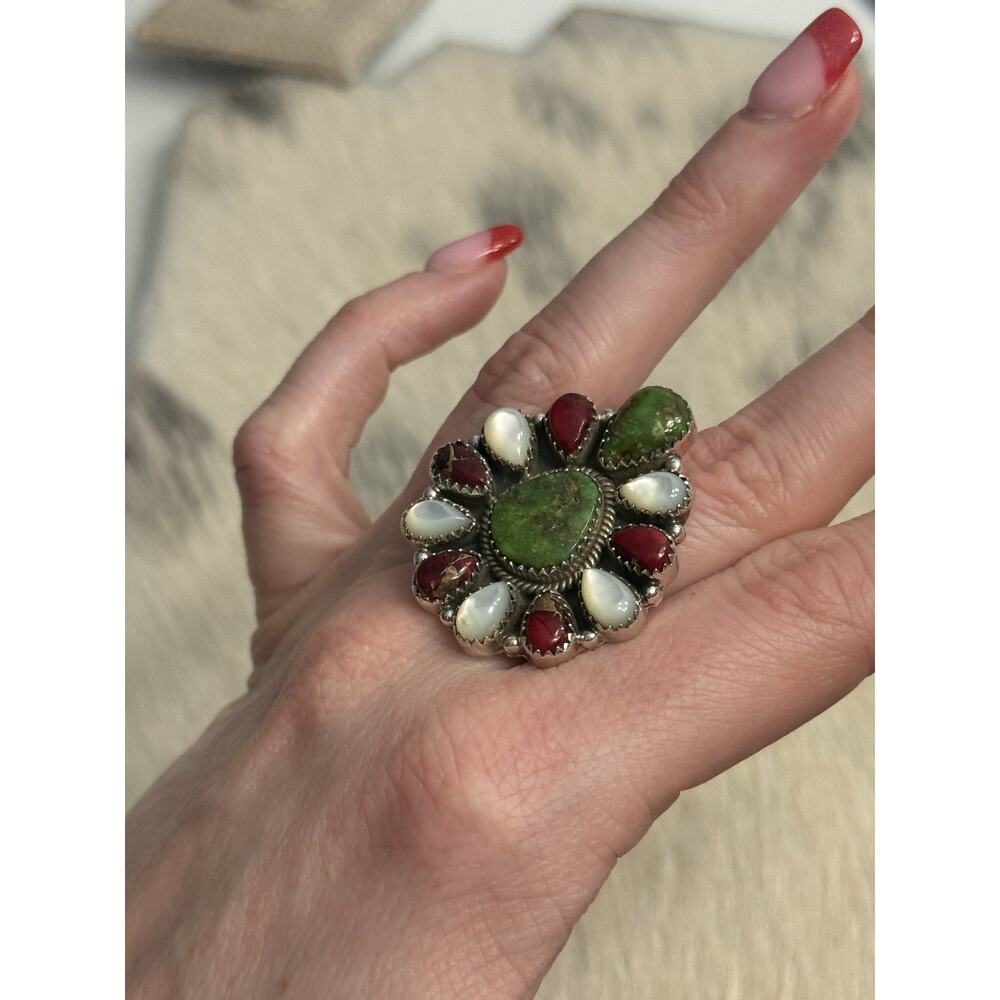 Sterling Silver Sonoran Gold Turquoise Red Dahlia MOP Huge Cluster Ring Adjust - Picture 2 of 14